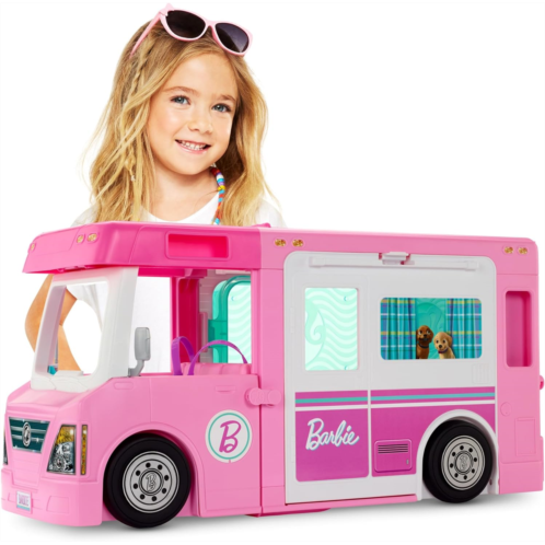 Barbie 3-in-1 DreamCamper Vehicle Approx 3-ft Transforming Camper with Pool Truck Boat and 60 Accessories Makes a Great Gift for 3 to 7 Year Olds