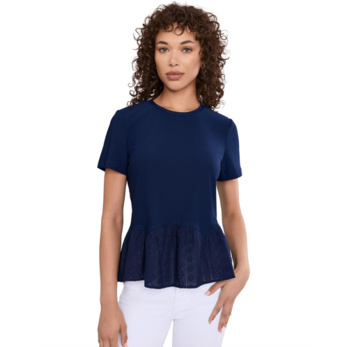 CeCe Short Sleeve Mixed Media Poplin Knit Top