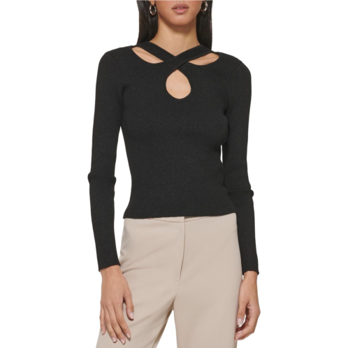 Womens DKNY Long Sleeve Rib Lurex Cutout Sweater
