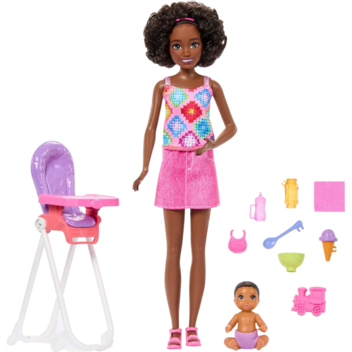 Barbie Skipper Babysitters Inc. Playset with Brunette Doll Brunette Toddler Doll High Chair & 8 Accessories Including Food