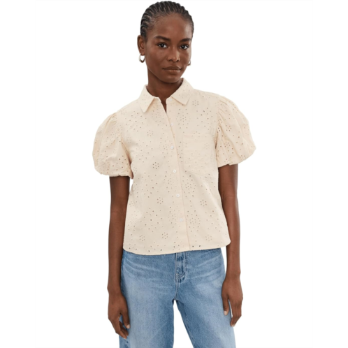 CeCe Collared Eyelet Embroidery Bubble Sleeve Top