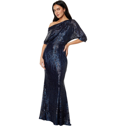 Betsy & Adam Long 3/4 Sleeve Off-the-Shoulder Sequin Dress