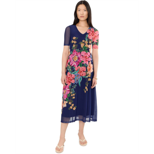 Johnny Was Elbow Sleeve V-Neck Mesh Midi Dress - Celiora Navy