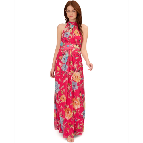 Adrianna Papell Printed Chiffon Mock Neck Halter Long Gown