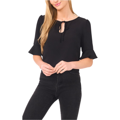 CeCe Ruffle Cuff Split Tie Neck Top