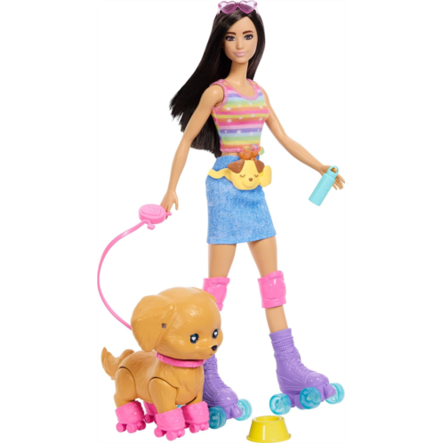 Barbie Pets Skate and Run Brunette Doll Skating Puppy Leash Mat??ching Skates Sunglasses and Pet Accessories