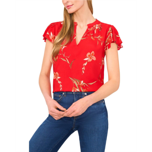 Womens CeCe V-neck Shirred Neck Flutter Sleeve Blouse