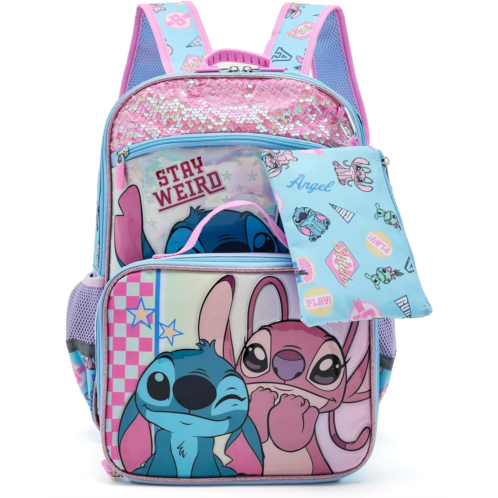 BIOWORLD Kids Stitch and Angel Holographic 16” Backpack Lunch Set Set Lunch Bag Keychain Utility Case