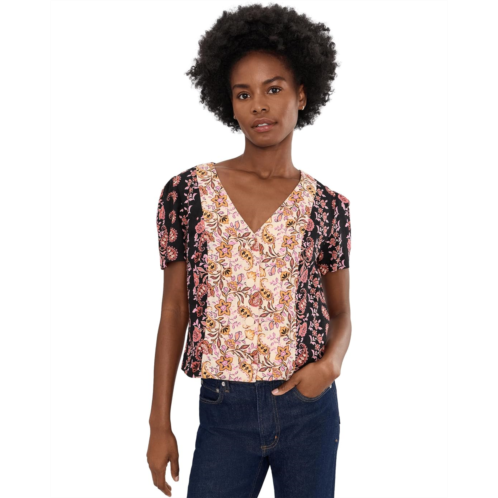 Womens CeCe Cropped Linen V-Neck Button-Down Top