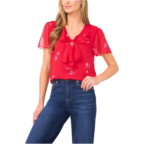 CeCe Short Sleeve Ruffle Tie Neck Top