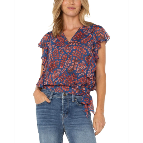 Womens Liverpool Los Angeles Petite Short Sleeve Ruffle Sleeve Draped Front Woven Blouse