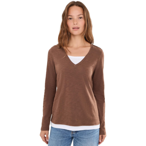 Womens Elliott Lauren Garment Dye Tee V-Neck Long Sleeve with Double Layer Detail