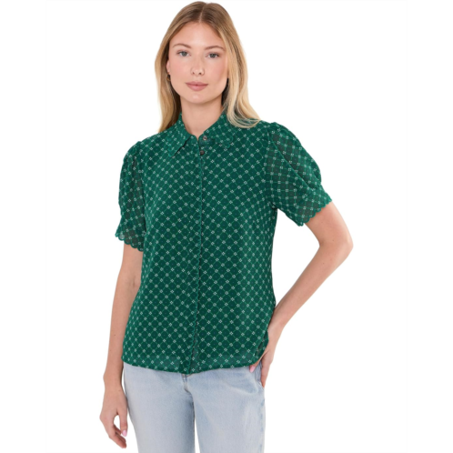 Womens CeCe Short Sleeve Scallop Trim Button-Up Top