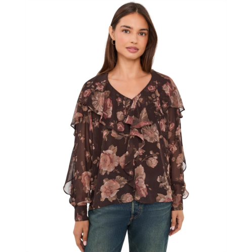 POLO Ralph Lauren Womens Lauren Ralph Lauren Floral Ruffle-Trim Chiffon V-Neck Blouse