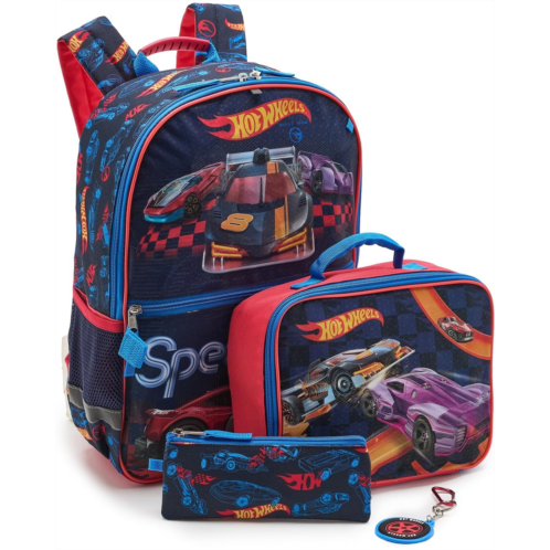 BIOWORLD Kids Led Lights Hot Wheels Five-Piece Backpack Set with Lunch Kit Spinner Keychain Carabiner and A Utility Case