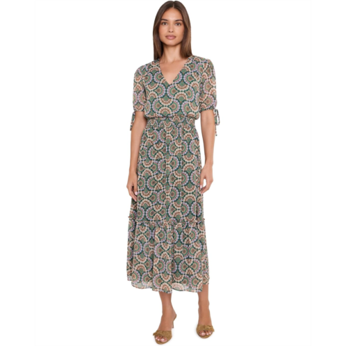 Womens CeCe V-Neck Tie Sleeve Smocked Waist Midi Dress