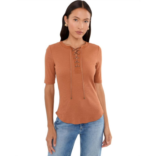 POLO Ralph Lauren Womens Lauren Ralph Lauren Petite Lace-Up Ribbed Elbow-Sleeve Tee