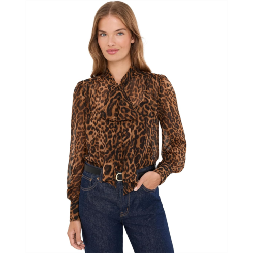 POLO Ralph Lauren Womens Lauren Ralph Lauren Petite Ocelot-Print Chiffon Tie Neck Blouse