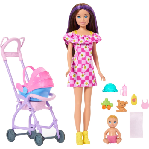 Barbie Skipper Babysitters Inc. Playset with Brunette Doll Blonde Baby Doll Stroller with Removable Car Seat & 7 Accessories