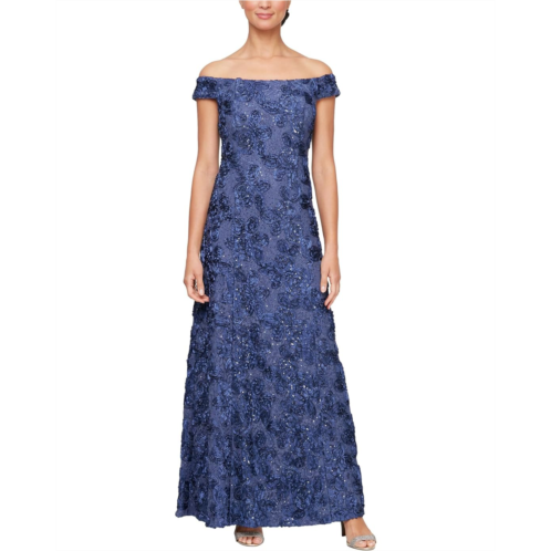 Womens Alex Evenings Off-the-Shoulder Long Rosette Lace A-Line Dress