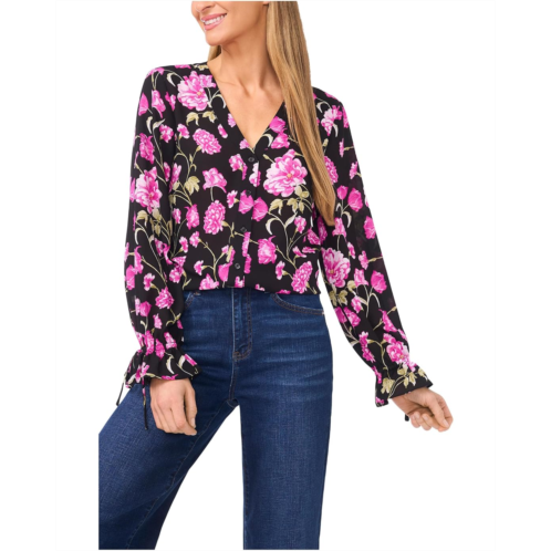 CeCe Floral Printed Button Front Long Sleeve Top