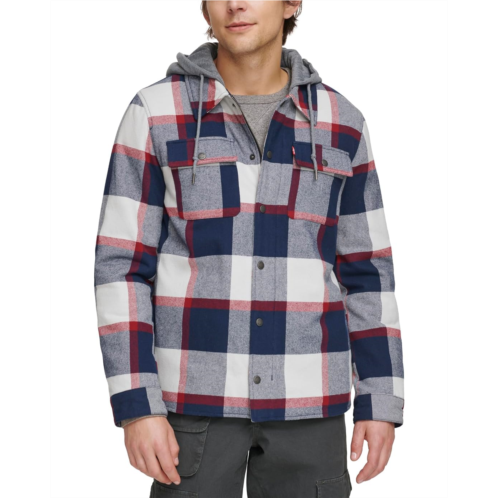 Mens Levis Washed Cotton Shirt Jacket with A Jersey Hood and Sherpa Lining