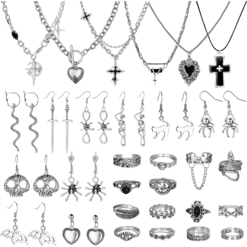 30 Pcs Gothic Jewelry Set for Women Grunge Vintage Punk Accessories with 6 Necklace 20 Earrings 14 Stackable Knuckle Rings Boho Y2k Goth Jewelry for Women Men Halloween