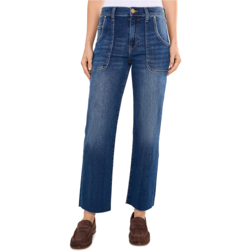 Womens KUT from the Kloth Avery High-Rise Porkchop Pocket Easy Straight Leg with Raw Hem in Fortune/Dark Base Wash