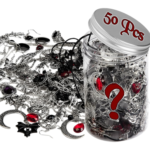 Tondiamo Mystery Jewelry Jar 50pcs Gothic Jewelry Set for Women - Contains Punk Witch Necklaces Earrings Rings & Bracelets Goth Gift for Her Birthday Halloween