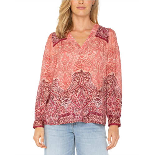 Womens Liverpool Los Angeles Long Sleeve V-neck Popover Woven Blouse