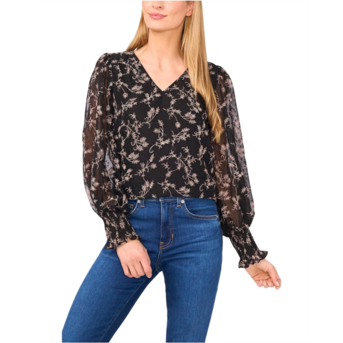 CeCe Long Sleeve Smocked Cuff Clip Dot Top