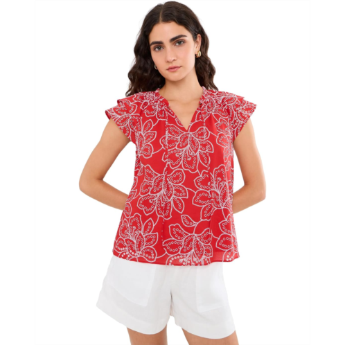 CeCe Flutter Sleeve Puff Embrodiery Tie Neck Top