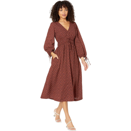 Madewell Arianne - Print Long Sleeve Tie Midi Dress - Cotton Seersucker