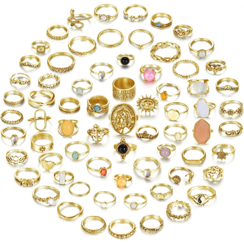 Subiceto 70 Pcs Vintage Crystal Ring Set for Women Stackable Knuckle Rings