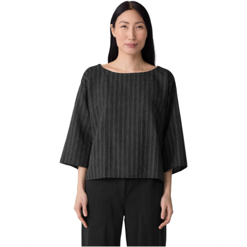 Eileen Fisher Cotton Blend Stripe Stitch Bateau Neck Box Top
