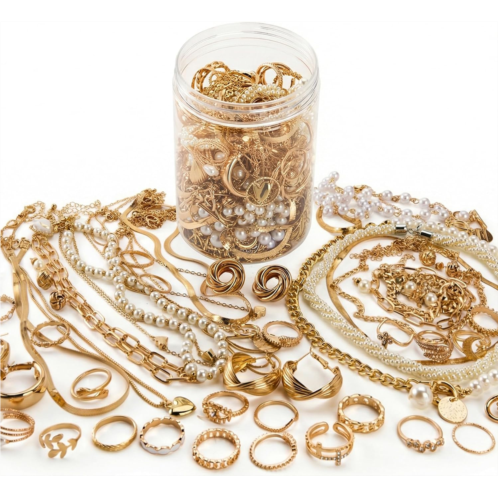 Mystery Jewelry Jar - 54 PCS Vintage Mystery Jewelry Jar Gold Surprise Necklaces Bracelets Earrings Rings Box Set Fashion Multi-Style Birthday Gifts for Women