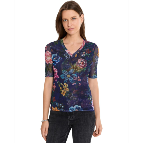 Johnny Was V-Neck Elbow Sleeve Mesh Top