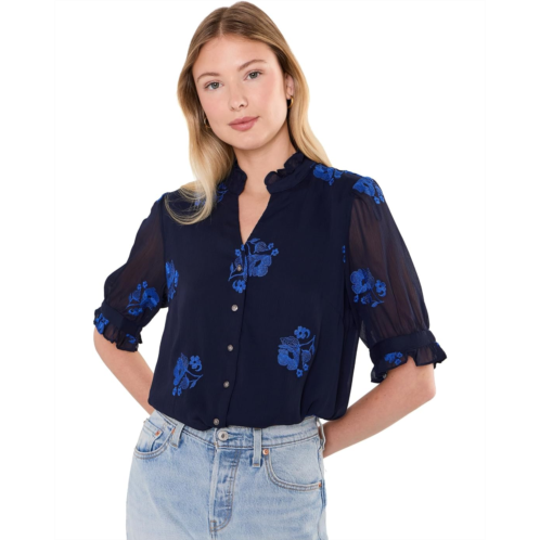 Womens CeCe Ruffle V-Neck Elbow Sleeve Button-Down