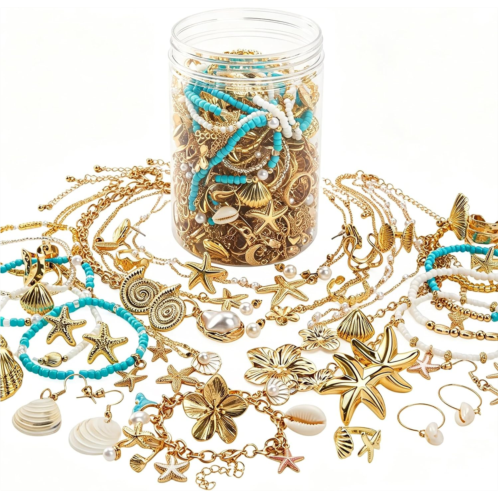 Mystery Jewelry Jar - 42 PCS Ocean Vacation Jewelry for Women Surprise Starfish Pearl Necklaces Bracelets Earrings Rings Jar Summer Beach Anniversary Birthday Gift Box for Ocean