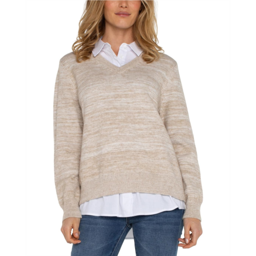 Womens Liverpool Los Angeles Long Sleeve Two-Fer Collared Sweater Melange Sweater Yarn