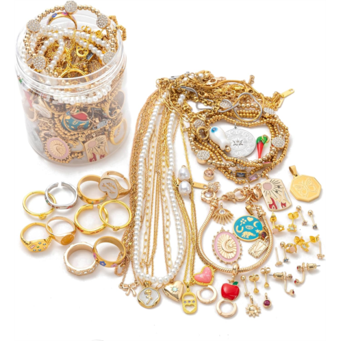 Mystery Jewelry Jar 60Pcs Gold & Sterling Silver Mystery Box Dainty Necklace Earrings Rings Bracelets DIY Pendants Jewelry Set Surprise Jewelry Jar Unique Birthday Gifts for Her