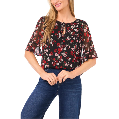 CeCe Split Tie Neck Ruffle Cuff Top