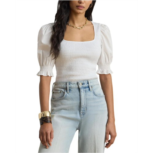 POLO Ralph Lauren Womens Lauren Ralph Lauren Smocked Cotton Jersey Puff-Sleeve Top