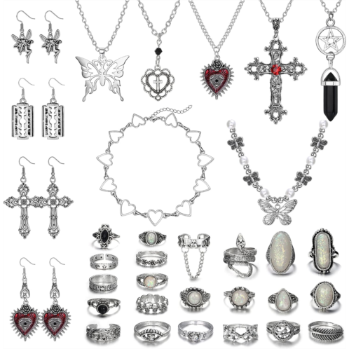 Subiceto 33Pcs Grunge Vintage Punk Necklace Earrings Rings Y2k Jewelry Set
