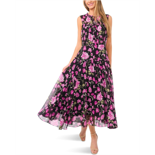 Womens CeCe Floral Tie Neck Shirred Midi Dress
