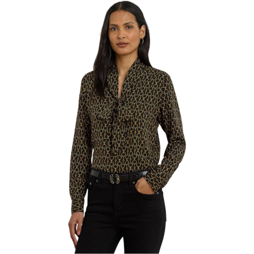 POLO Ralph Lauren Womens Lauren Ralph Lauren Chain-Print Crepe Tie Neck Blouse