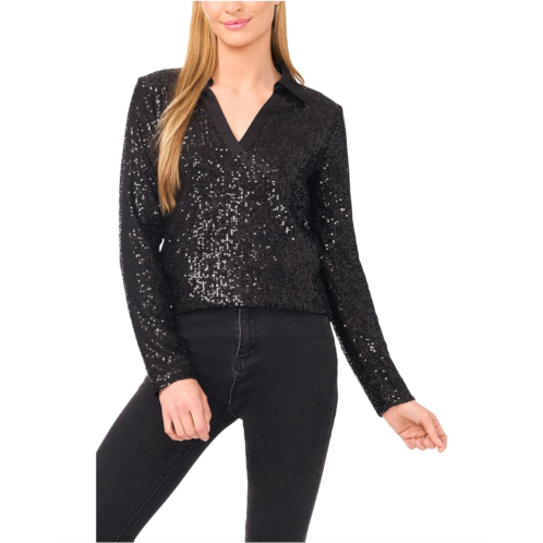 CeCe Long Sleeve Sequin Polo Top