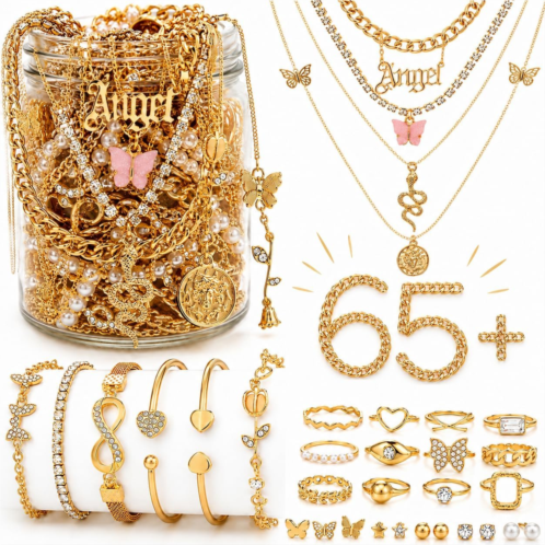 Mystery Jewelry Jar Bundle - premium quality Jewelry Box for Women Gift Set Unique Birthday Gift for Her (earrings - rings - gold necklace stack - gold bracelet stack - anklets -