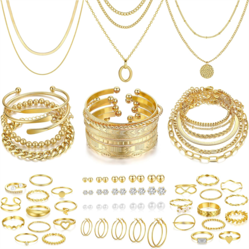 FAXHION 68 Pcs Gold Jewelry Set for Women with 7 Necklace 17 Bracelet 5 Hoop Earrings 15 Stud Earrings 24 Knuckle Rings for Women Jewelry Set for Women Gift