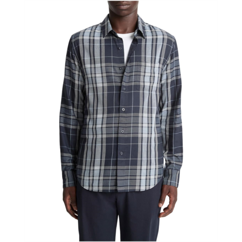 Mens Vince Dunluce Plaid Separate Placket Long Sleeve Shirt